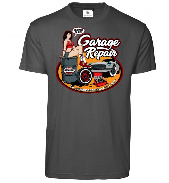 Bedrucktes Herren Oldtimer Racer T-Shirt Garage Repair im Comic Style